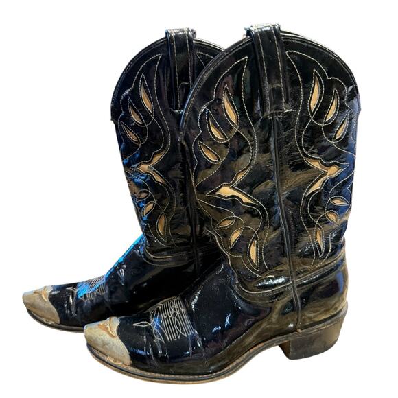 Vintage Black Patent Western Boots with Silver Longhorn Toe Caps Womens whe 7.5C - Picture 1 of 9